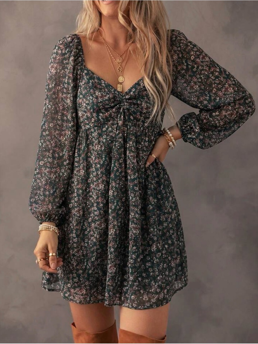Floral Long-Sleeve Mini Dress - Dark Green